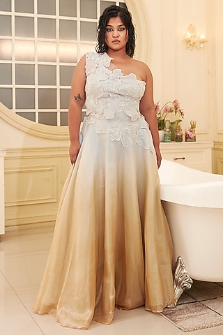 Silver & Gold Pure Silk Kota Tissue Thread Embroidered High-Waist Skirt Set by Chambray & Co.