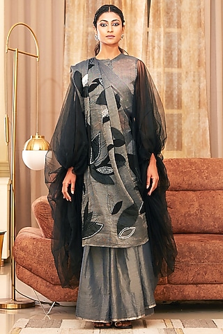 Gunmetal Silver & Black Pure Chanderi Silk Tissue Thread Embroidered Saree Set by Chambray & Co.