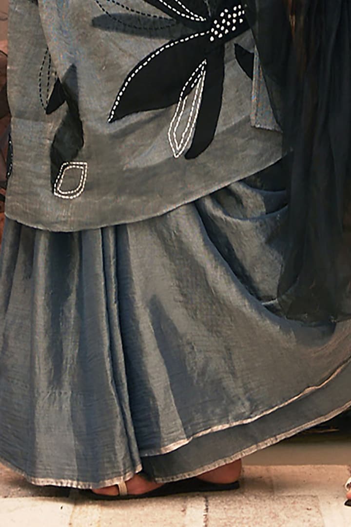 Gunmetal Silver & Black Pure Chanderi Silk Tissue Thread Embroidered Wedding Saree Set by Chambray & Co. at Pernia's Pop Up Shop