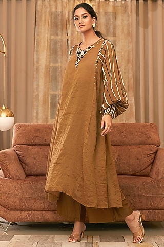 Antique Gold Pure Chanderi Silk Tissue Hand Embroidered Tunic Set by Chambray & Co.