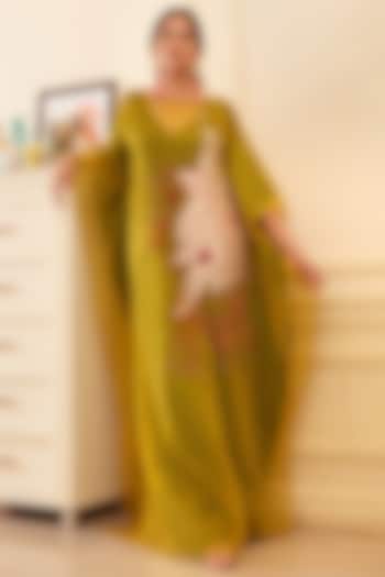 Leaf Green & Yellow Silk Organza Thread Embroidered Kaftan Dress by Chambray & Co.