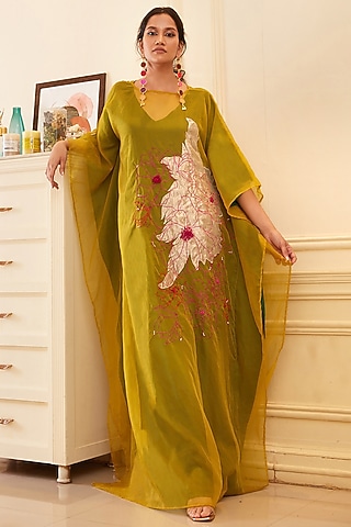 Leaf Green & Yellow Silk Organza Thread Embroidered Kaftan Dress by Chambray & Co.