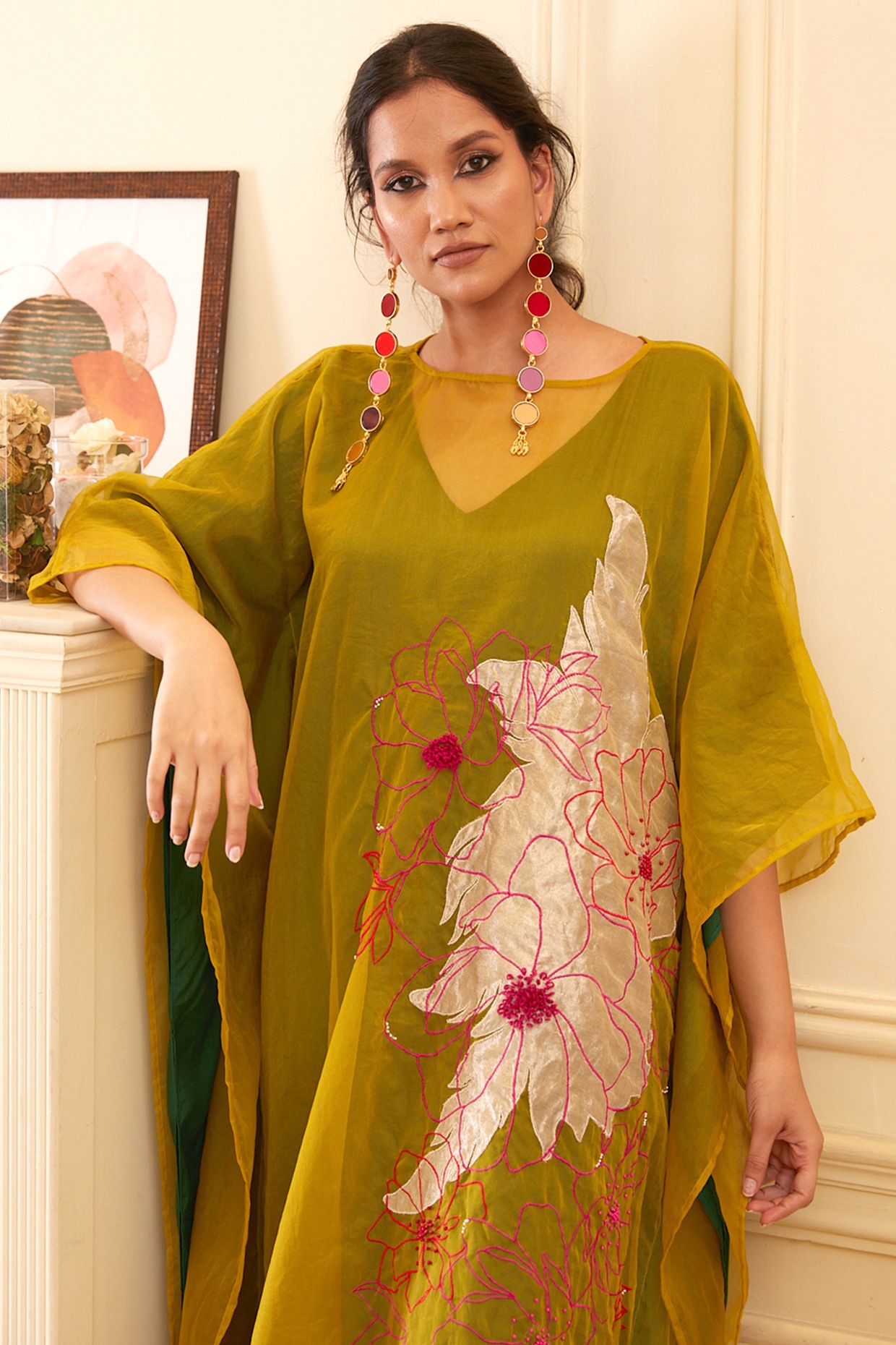 Leaf Green & Yellow Silk Organza Thread Embroidered Kaftan