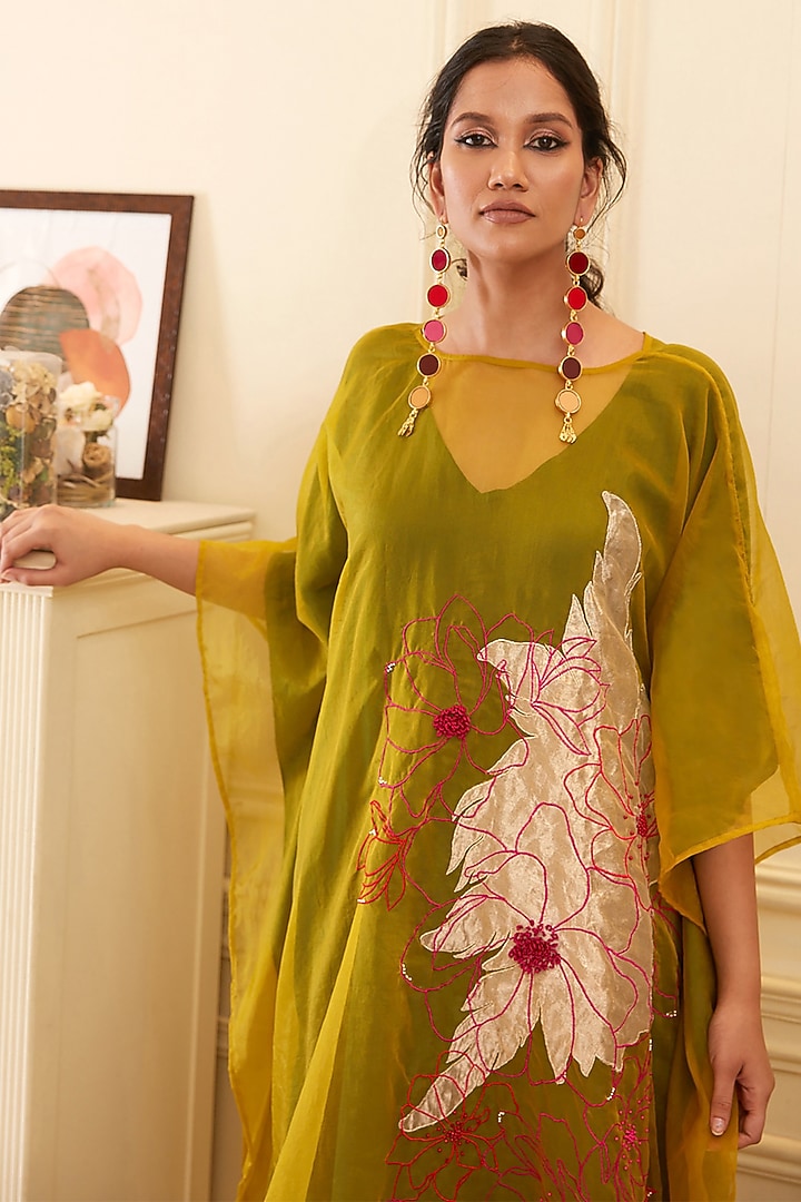 Leaf Green & Yellow Silk Organza Thread Embroidered Kaftan Summer Dress by Chambray & Co. at Pernia's Pop Up Shop
