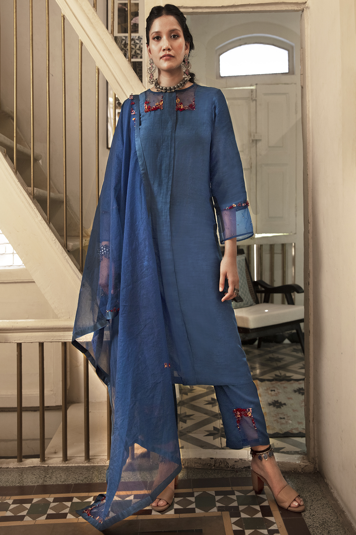 Cobalt Blue Embroidered Kurta Set by Chambray & Co. at Pernia's Pop Up Shop