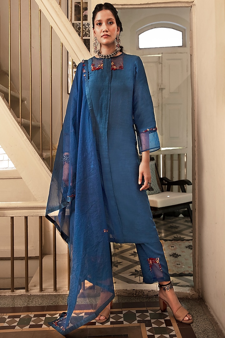 Cobalt Blue Embroidered Kurta Set by Chambray & Co. at Pernia's Pop Up Shop