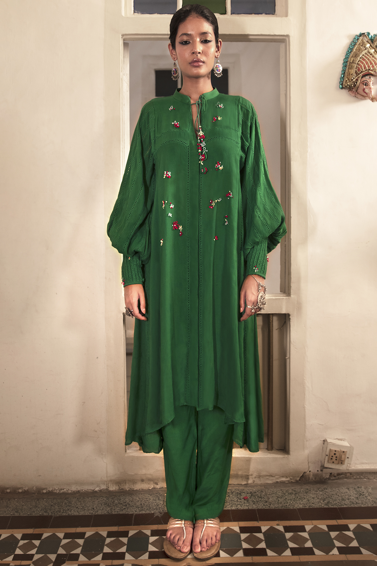 Green Embroidered Kurta Set by Chambray & Co. at Pernia's Pop Up Shop