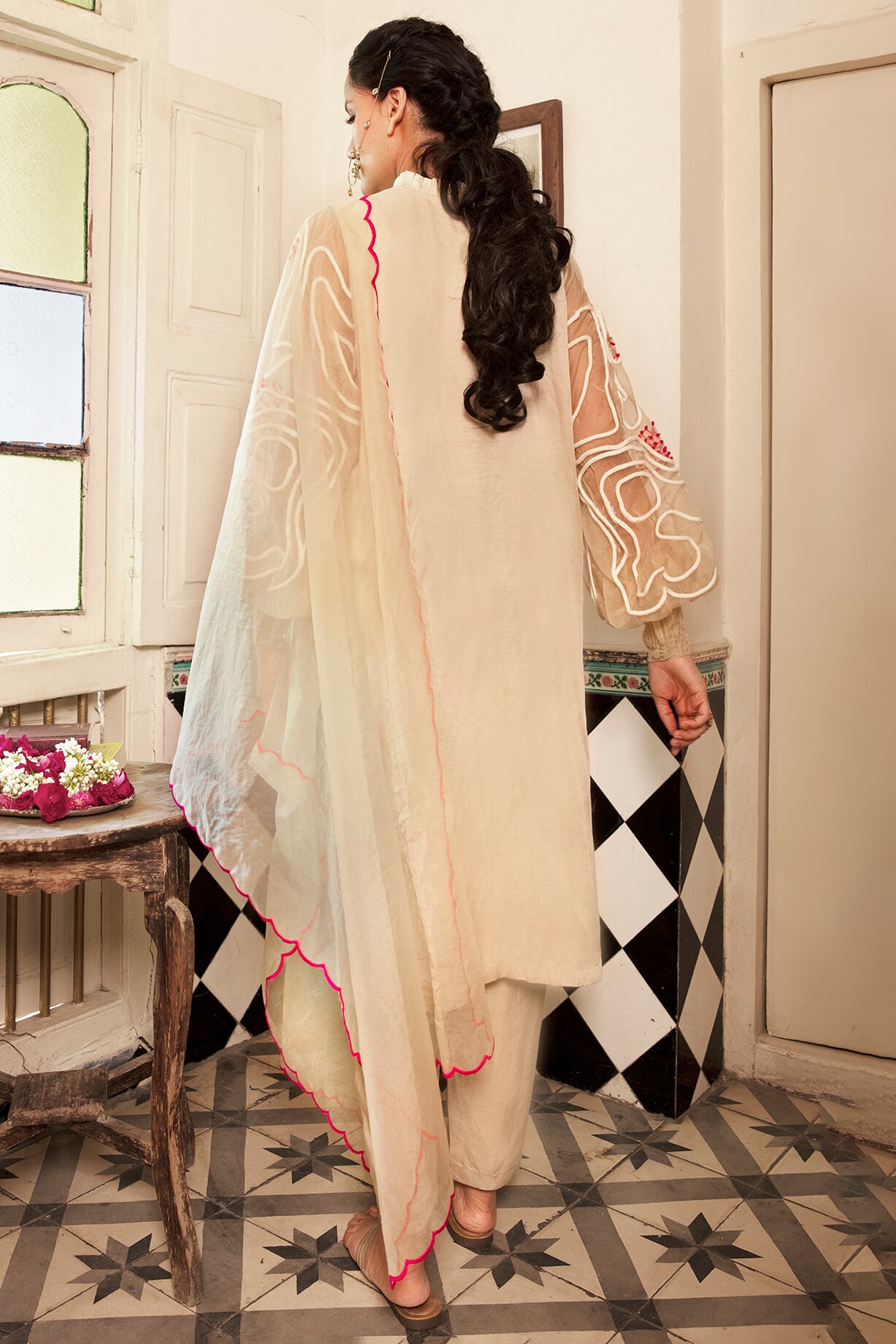 Chambray Embroidered Kurta Set with Dupatta and Pants