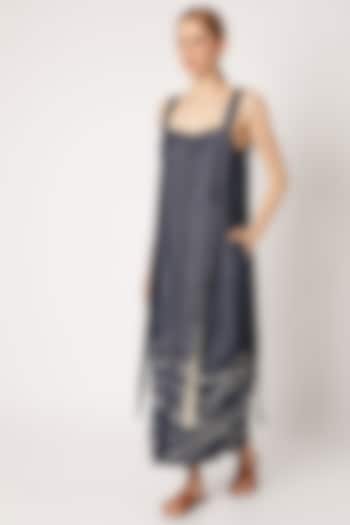 Denim Blue Embroidered Dress For Girls by Chambray - Kids at Pernia's Pop Up Shop