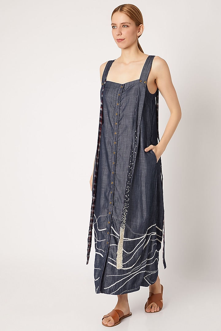 Denim Blue Embroidered Dress For Girls by Chambray - Kids at Pernia's Pop Up Shop