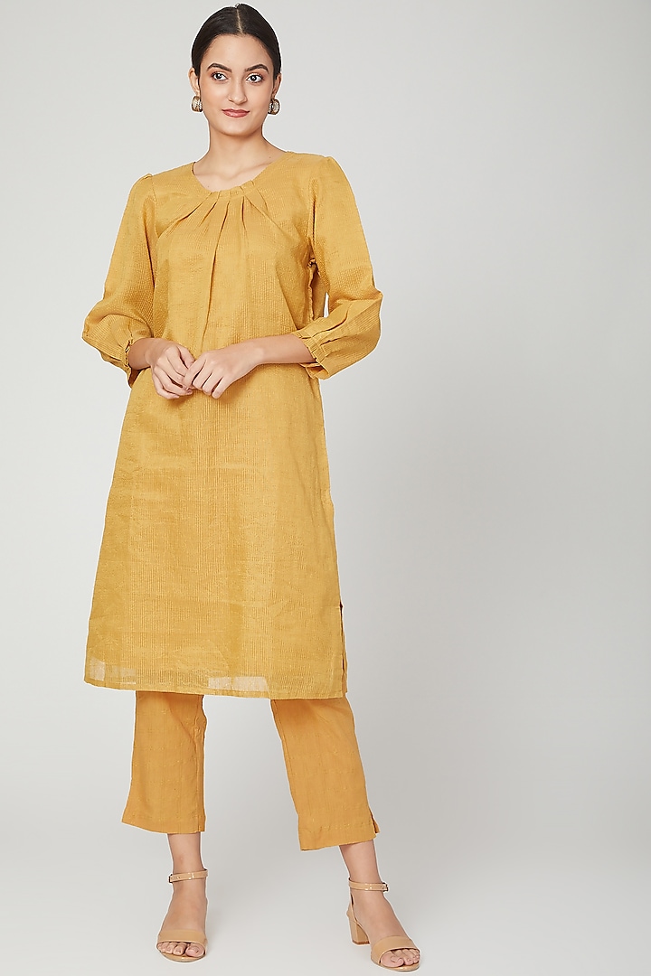 Mustard Pant Set In Zari Linen For Girls by Chambray - Kids
