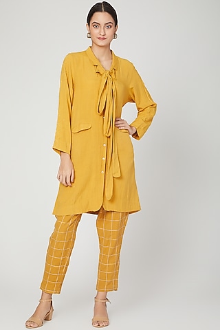 Mustard Cotton Linen Pant Set For Girls by Chambray - Kids