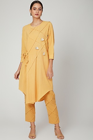 Yellow Pant Set In Cotton Linen For Girls by Chambray - Kids