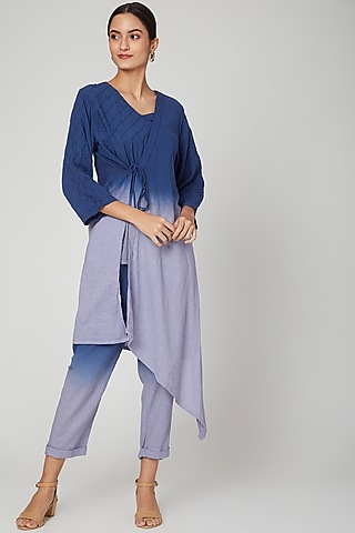 Sky Blue Cotton Slub Pant Set For Girls by Chambray - Kids