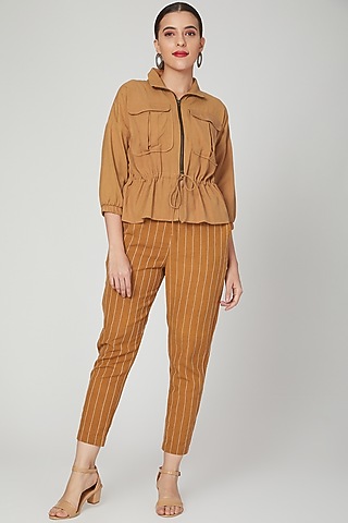Brown Cotton Linen Pant Set For Girls by Chambray - Kids