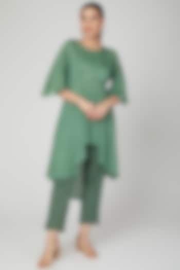 Emerald Green Zari Woven Linen Pant Set For Girls by Chambray - Kids