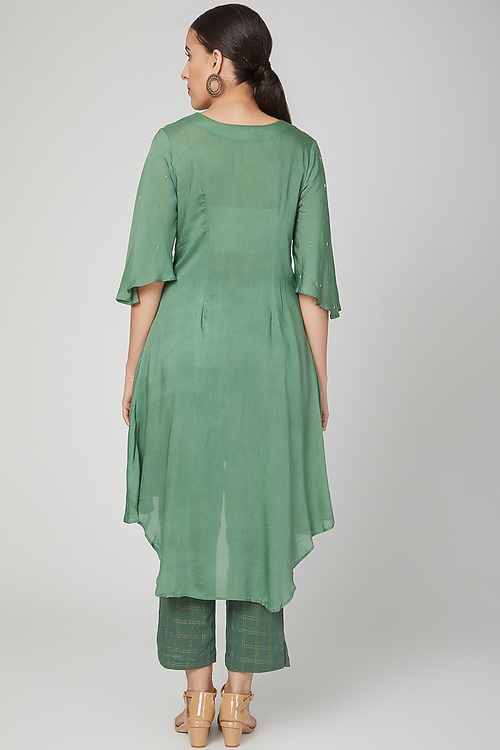 Emerald Green Zari Woven Linen Pant Set For Girls by Chambray - Kids at Pernia's Pop Up Shop