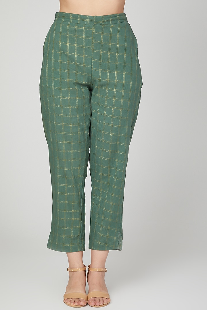 Emerald Green Zari Woven Linen Pant Set For Girls by Chambray - Kids at Pernia's Pop Up Shop