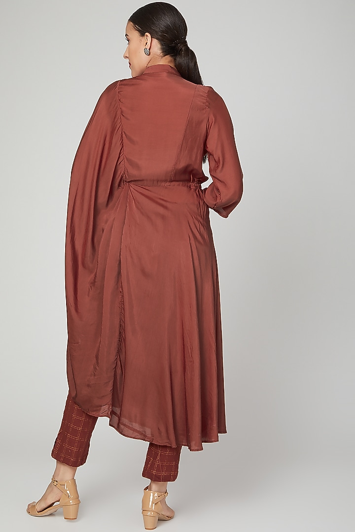 Red Embroidered Draped Dress With Pants For Girls by Chambray - Kids at Pernia's Pop Up Shop