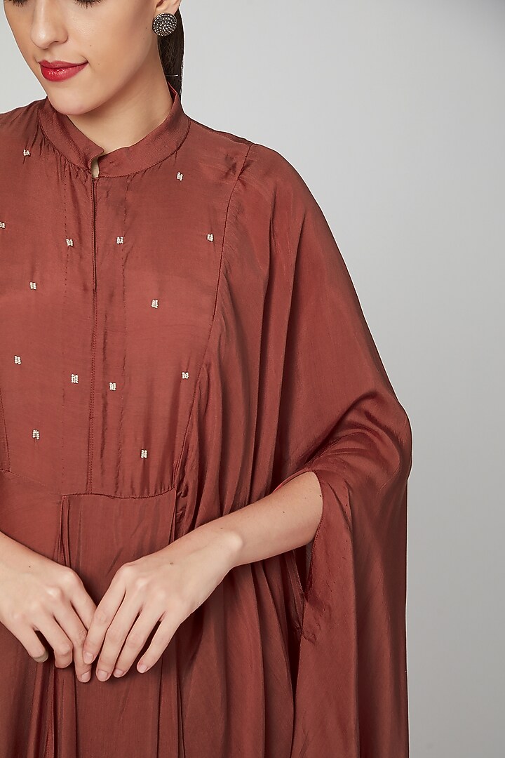 Red Embroidered Draped Dress With Pants For Girls by Chambray - Kids at Pernia's Pop Up Shop