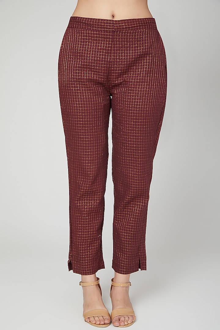 Wine Zari Checkered Pants For Girls by Chambray - Kids at Pernia's Pop Up Shop