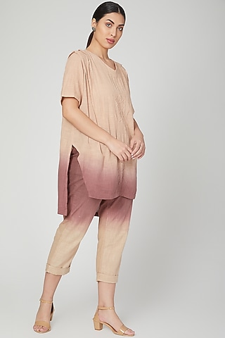 Brown Cotton Pleated Tunic Set For Girls by Chambray - Kids