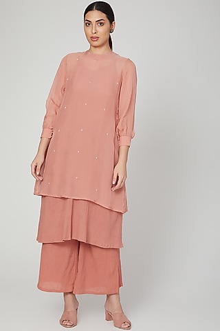 Peach Linen Crushed Pants For Girls by Chambray - Kids