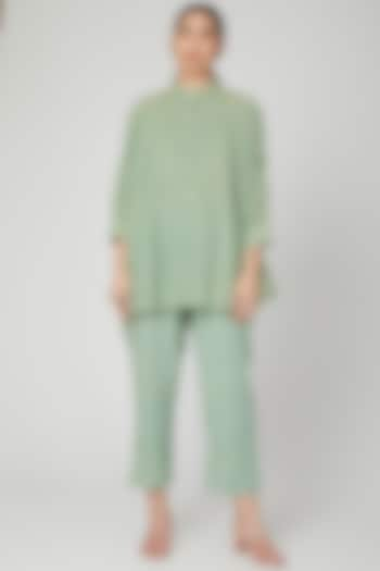 Mint Green Linen Pleated Pants For Girls by Chambray - Kids at Pernia's Pop Up Shop