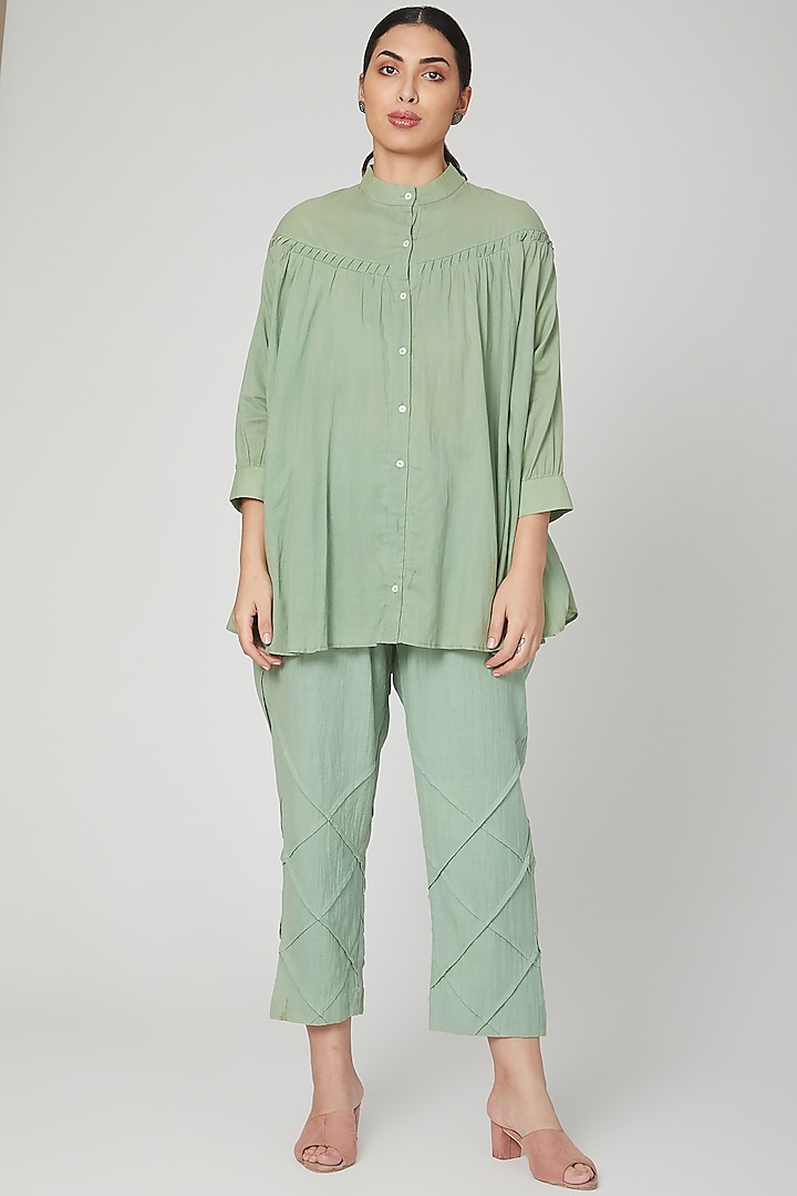 Mint Green Linen Pleated Pants For Girls by Chambray - Kids