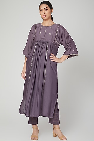 Purple Embroidered Tunic Set For Girls by Chambray - Kids