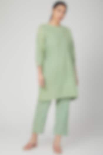 Mint Green Hand Embroidered Tunic Set For Girls by Chambray - Kids