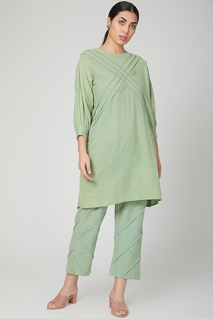 Mint Green Hand Embroidered Tunic Set For Girls by Chambray - Kids