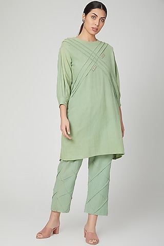 Mint Green Hand Embroidered Tunic Set For Girls by Chambray - Kids