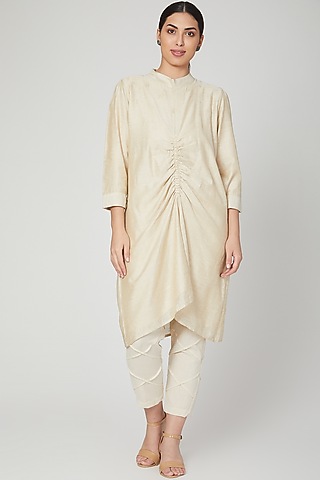 White Cotton Silk Kurta Set For Girls by Chambray - Kids