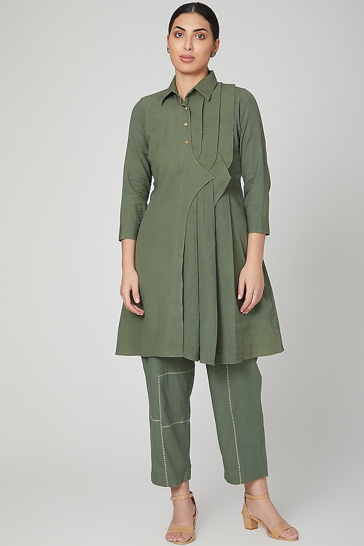 Olive Green Dress With Pants For Girls by Chambray - Kids at Pernia's Pop Up Shop