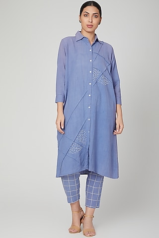 Sky Blue Embroidered Jacket Set For Girls by Chambray - Kids