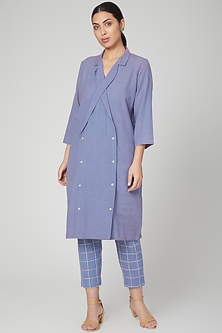 Sky Blue Cotton Linen Pant Set For Girls by Chambray - Kids