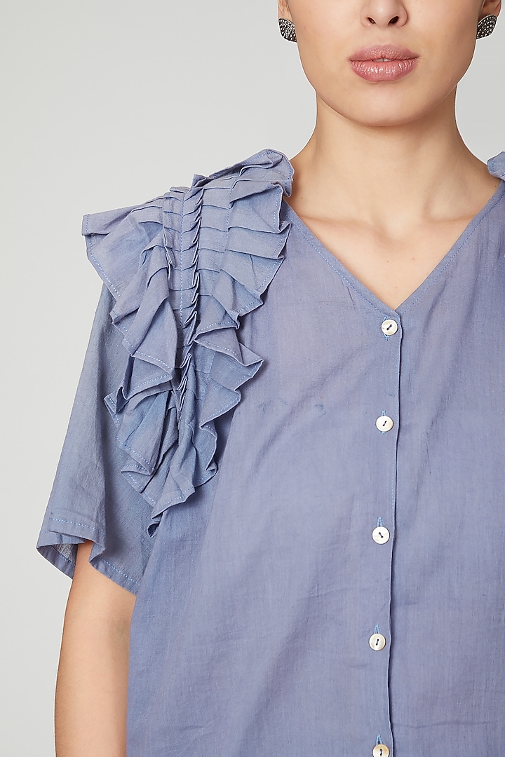 Sky Blue Cotton Pant Set For Girls by Chambray - Kids at Pernia's Pop Up Shop