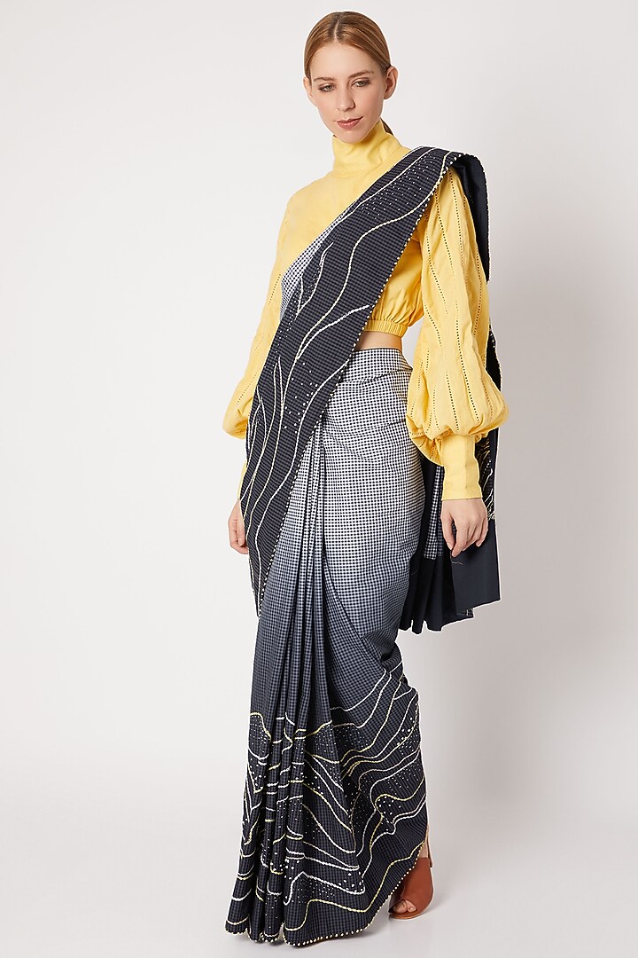 Navy Blue To White Ombre Embroidered Saree For Girls by Chambray - Kids at Pernia's Pop Up Shop
