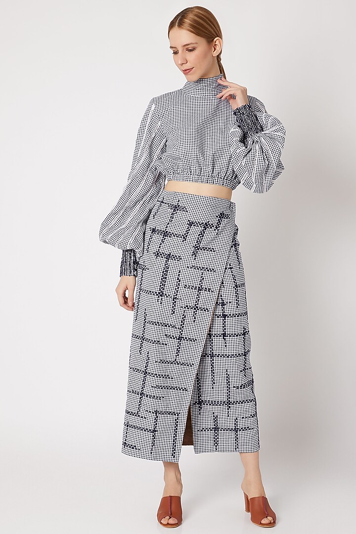 Navy Blue Embroidered Skirt Set For Girls by Chambray - Kids at Pernia's Pop Up Shop