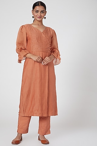 Orange Embroidered Kurta Set For Girls by Chambray - Kids