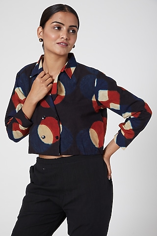 Black Printed Crop Shirt For Girls by Chambray - Kids