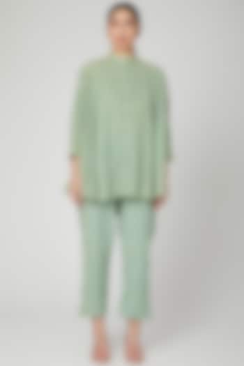 Mint Green Cotton Linen Pant Set For Girls by Chambray - Kids