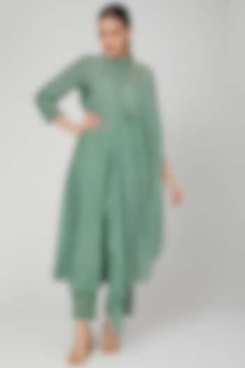 Emerald Green Zari Linen Pant Set For Girls by Chambray - Kids