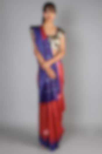 Fuchsia Tussar Ghicha Handloom Saree Set With Blue Temple Border by Chaturbhuj Das at Pernia's Pop Up Shop