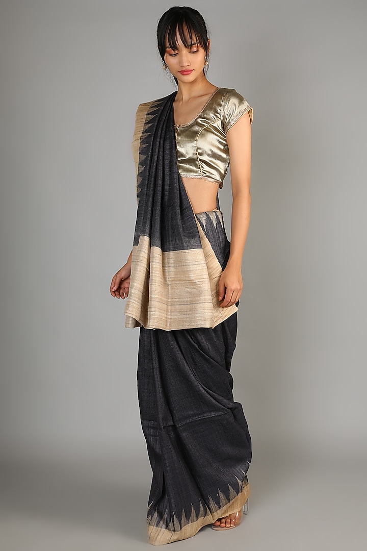 Black Tussar Handloom Saree Set With A Plain Natural Palla by Chaturbhuj Das at Pernia's Pop Up Shop