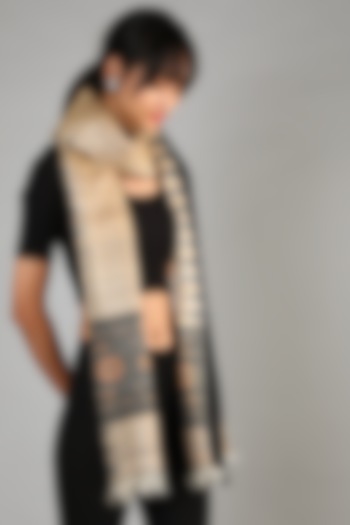 Natural Tussar Dupatta With Black Borders by Chaturbhuj Das