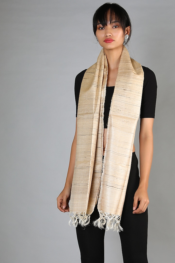 Natural Handspun Tussar Stole With Fringed End by Chaturbhuj Das