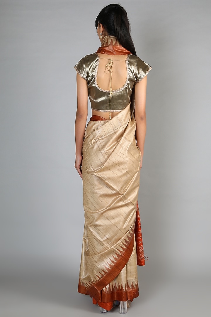 Natural Tussar Handloom Saree With Orange Palla by Chaturbhuj Das at Pernia's Pop Up Shop