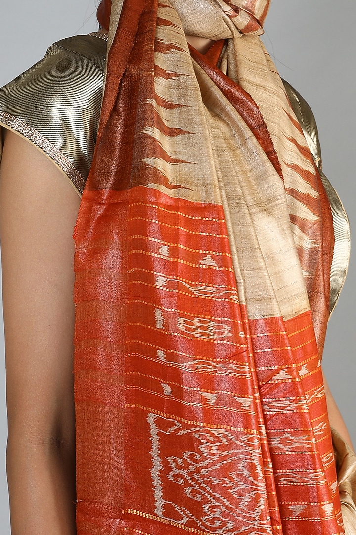 Natural Tussar Handloom Saree With Orange Palla by Chaturbhuj Das at Pernia's Pop Up Shop